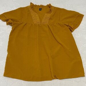Mustard Yellow Swiss Dot Lace V Neck Flutter Sleeve Babydoll Top XL Boho Cottage